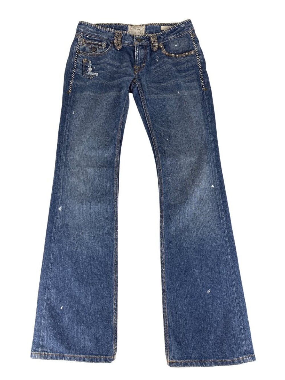 VTG Taverniti So Jeans Scar Stitch Metal Stud Embellished Flare Jeans Low Rise Y